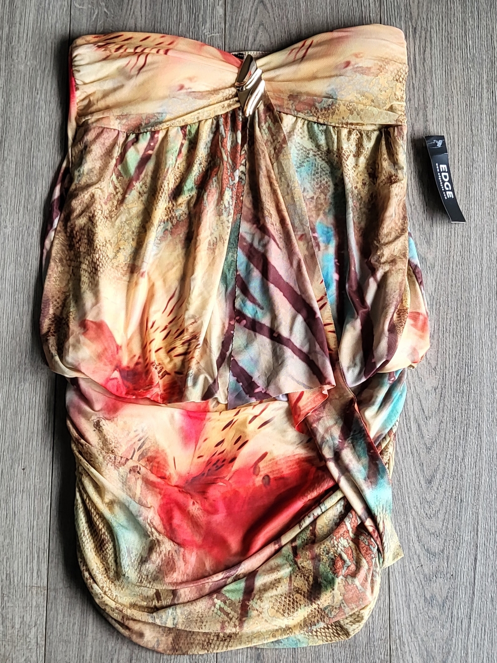 NWT EDGE Kairo Y2K Abstract Print Tube Dress Metal Hardware Ruched Slinky Mini